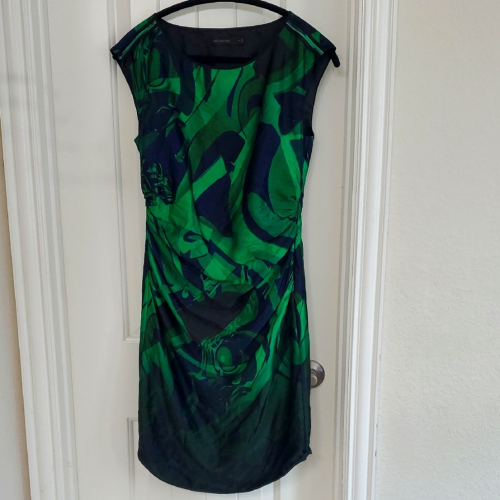 Elegant Green, Blue and Black Ruched Dress, size 4